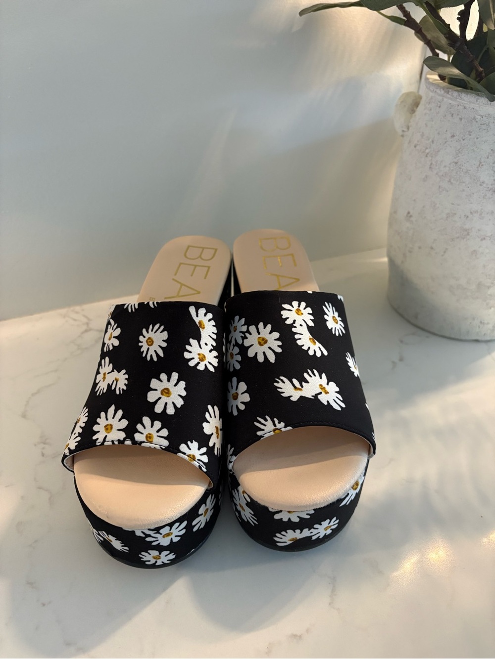 Black Daisy Platform Slide Sandal Mules